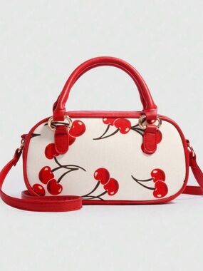 Cherry-Print Red Top-Handle Shoulder Bag